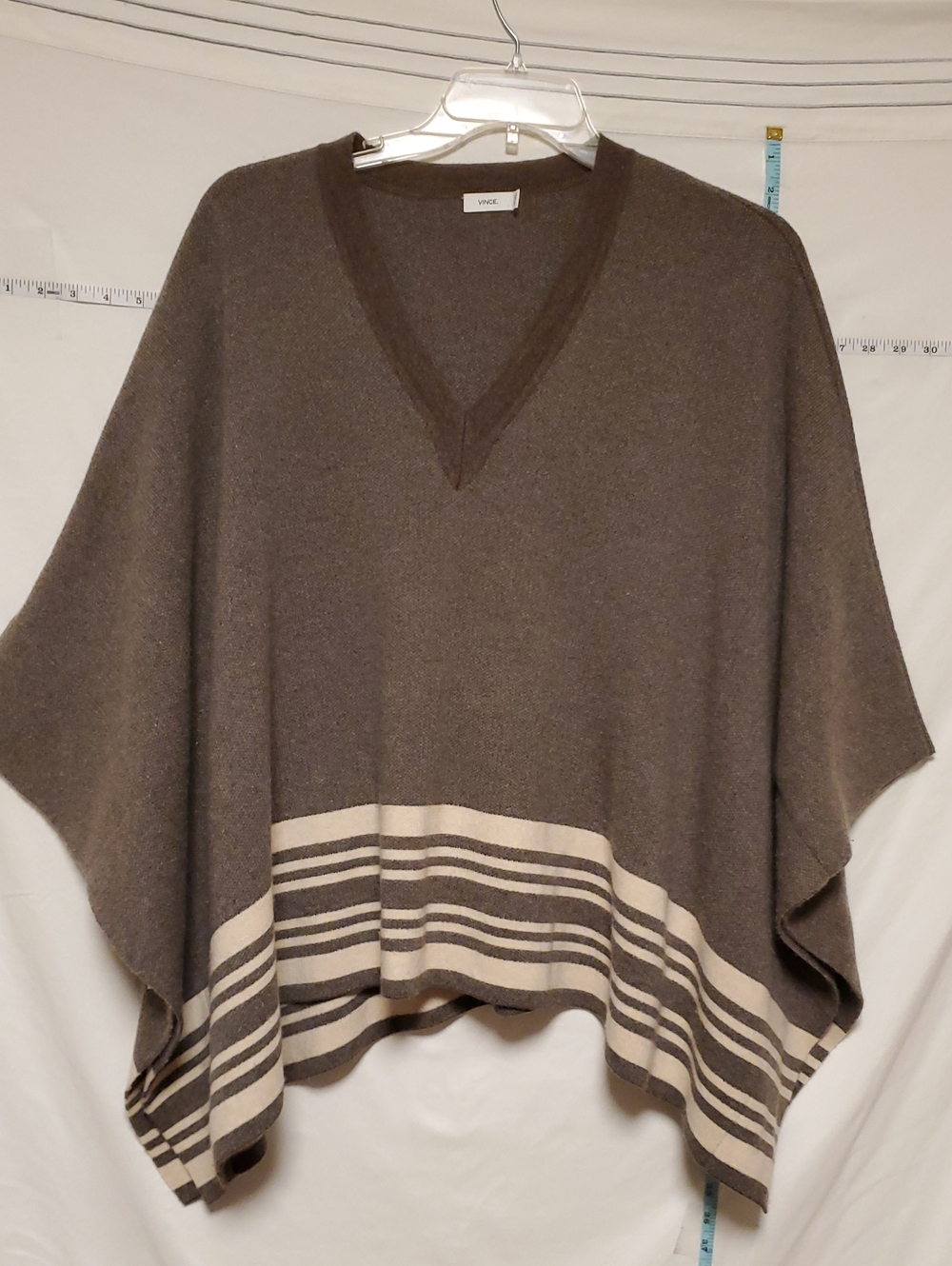 Vince Wool Cashmere Brown V-Neck Poncho Cream Brown Stripes M/L Boho Western